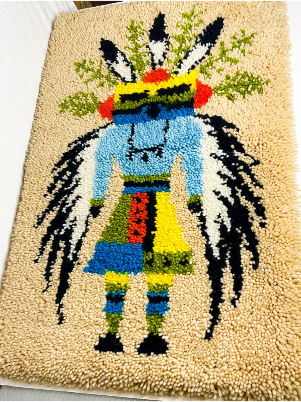 Vintage Hooked Rug Colourful Folk Art Figure Wall Hanging